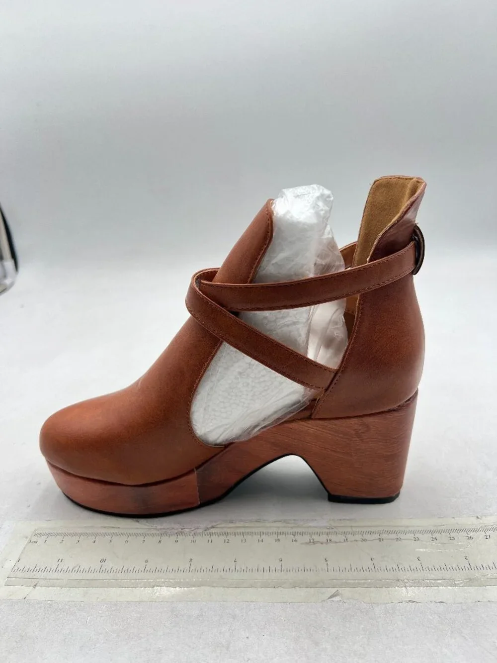 Brown Womens Platform Round Toe Cutout Strap Buckle Cork Block Heel  Ankle Boot